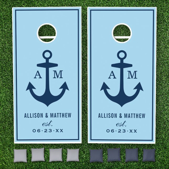 Nautical Navy Sky Blue Wedding Monogram Cornhole Set (Creator Uploaded)