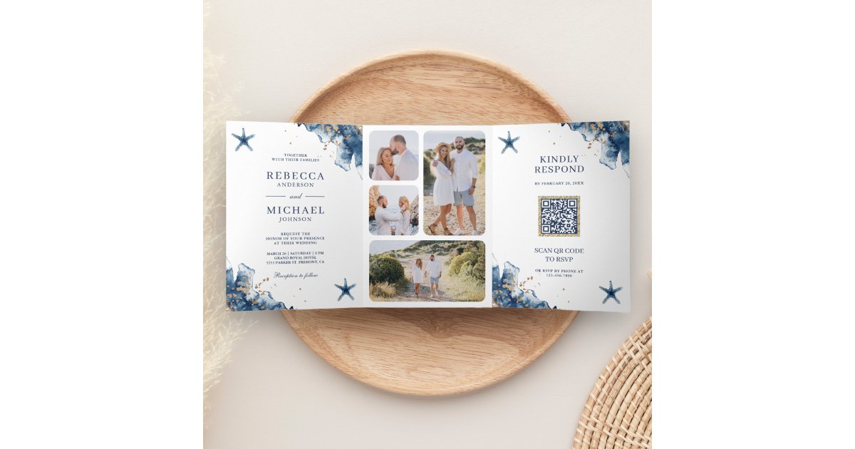 Nautical Navy Starfish All in One QR Code Wedding Tri-Fold Invitation ...