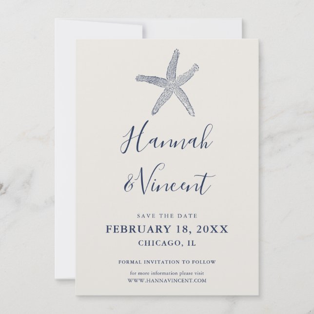 Nautical Navy Starfish Save the Date Card (Front)