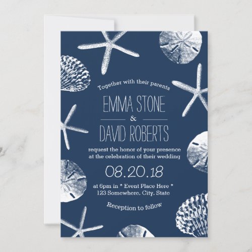 Nautical Navy Starfish Seashells Beach Wedding Invitation