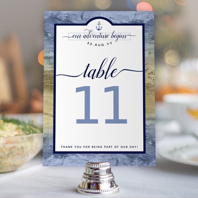 Nautical Navy Steel Blue and Gold Event Wedding Table Number (Steel Blue and Gold Nautical Wedding "Our Adventure Begins" Wedding Table Numbers)