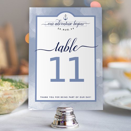 Nautical Navy Steel Blue Watercolor Event Wedding Table Number