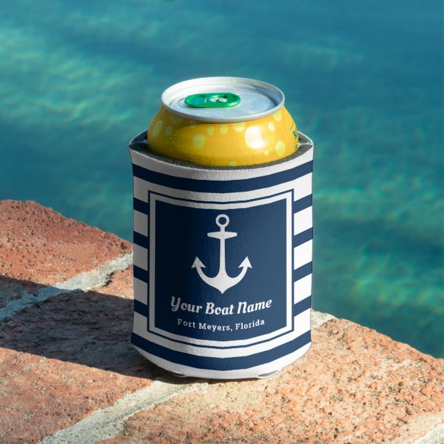 Nautical Navy Stripe Anchor Boat Name Can Cooler (In Situ Pool)
