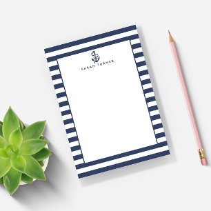 Nautical Navy Stripe & Anchor Personalized Post-it Notes