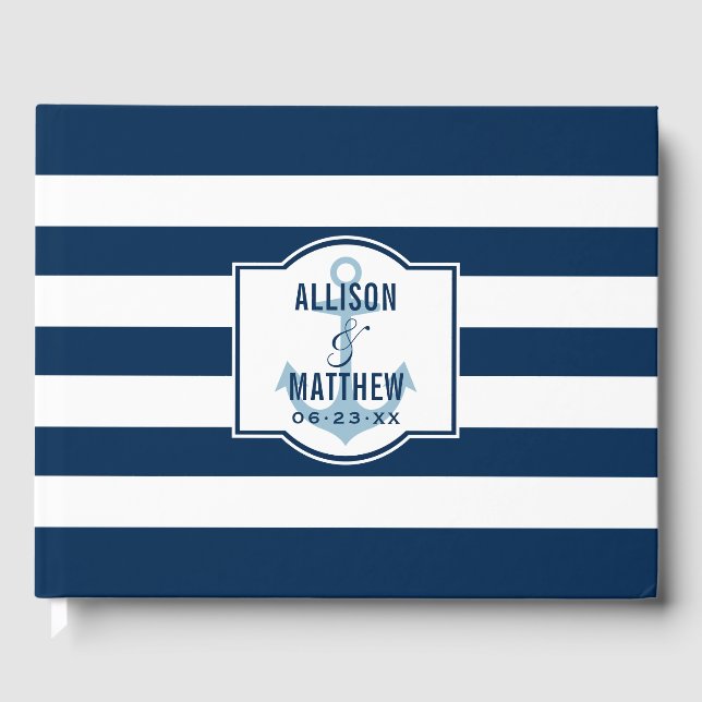 Nautical Navy Stripe Anchor Wedding Monogram Guest Book (Front)
