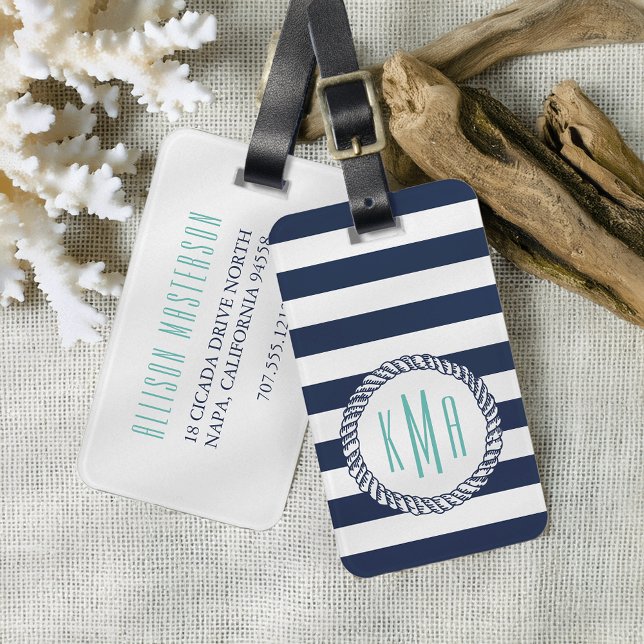 Nautical Navy Stripe & Aqua Monogram Luggage Tag (Creator Uploaded)