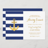 Nautical Navy Stripe Baby Shower with Gold Anchor Invitation (Front/Back)