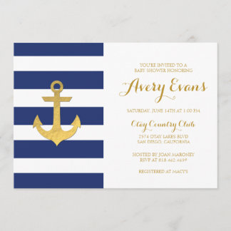 Nautical Navy Stripe Baby Shower with Gold Anchor Invitation