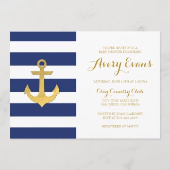 Nautical Navy Stripe Baby Shower With Gold Anchor Invitation by GreenLeafDesigns at Zazzle