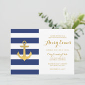 Nautical Navy Stripe Baby Shower with Gold Anchor Invitation (Standing Front)