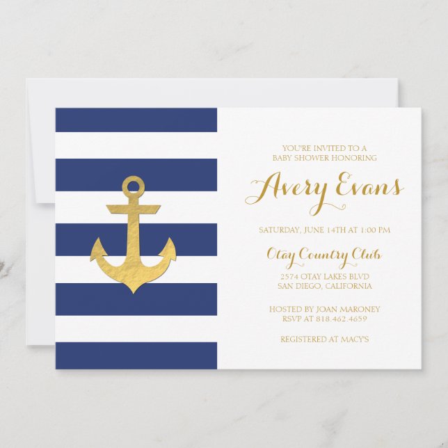 Nautical Navy Stripe Baby Shower with Gold Anchor Invitation (Front)
