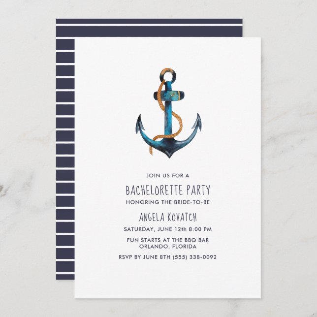 Nautical Navy Stripe Bachelorette Party Invitation (Front/Back)