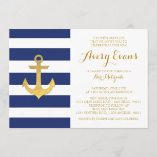 Nautical Navy Stripe Bat Mitzvah Invitations