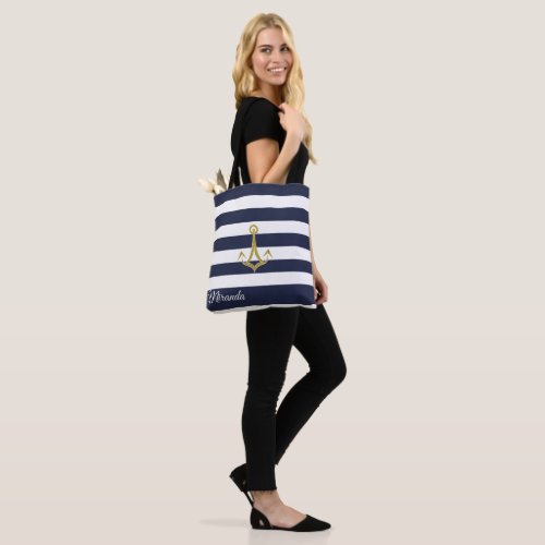 Nautical Navy Stripe Gold Anchor Personalized Tote Bag