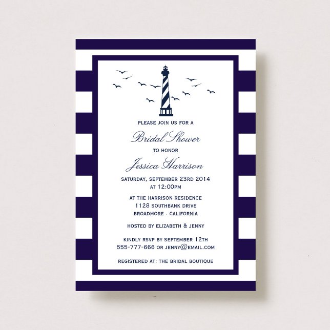 Nautical Navy Stripe Lighthouse Bridal Shower Invitation (Creator Uploaded)