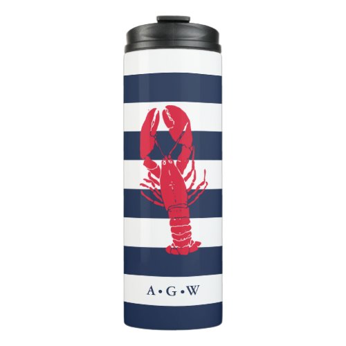 Nautical Navy Stripe  Lobster  Monogram Thermal Tumbler