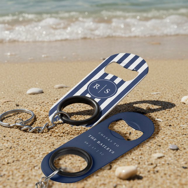 Nautical Navy Stripe Monogram Wedding Keychain Bottle Opener (Creator Uploaded)