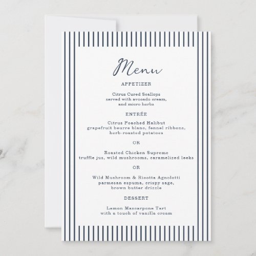 Nautical Navy Stripe Monogram Wedding Menu Card