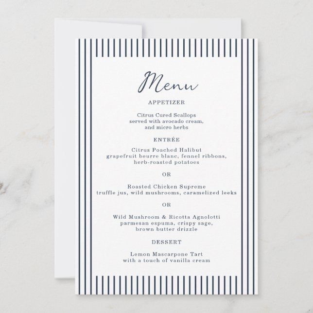 Nautical Navy Stripe Monogram Wedding Menu Card (Front)