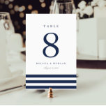 Nautical Navy Stripe Personalized Table Number<br><div class="desc">Simple and chic table number cards in classic navy blue,  soft gray and crisp white feature a trio of nautical inspired stripes along the bottom. Personalize with your names and wedding date. Design repeats on reverse side. Coordinates with our Nautical Mix wedding invitation suite.</div>