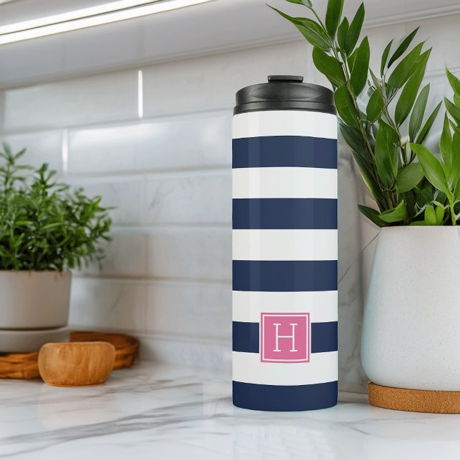 Nautical Navy Stripe & Pink Monogram Thermal Tumbler (Creator Uploaded)