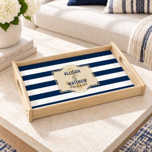 Nautical Navy Stripe Tan Monogram Wedding Names Serving Tray