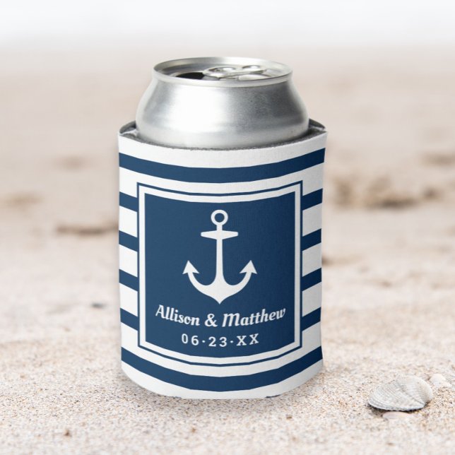 Nautical Navy Stripe Wedding Anchor Can Cooler (Creator Uploaded)
