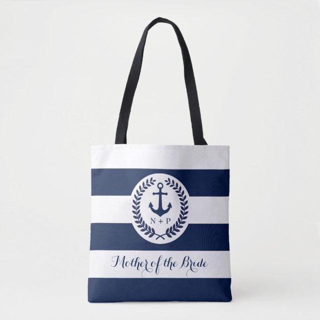 Nautical Navy Stripe Wedding Party Customized Tote Bag (Front)
