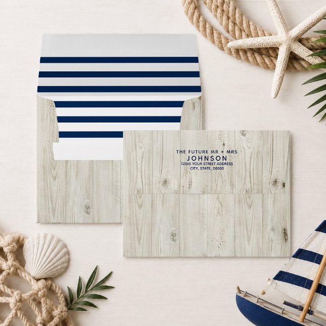 Nautical Navy Striped Rustic Future Mrs. & Mr. Envelope (Nautical stripe envelope inside that can coordinate with different products.
)