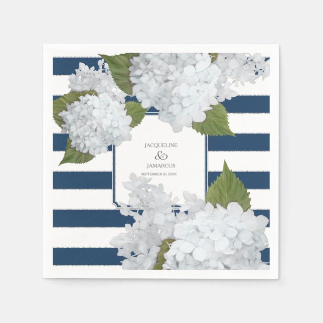 Nautical Navy Striped White Hydrangea Floral Napkins (Front)