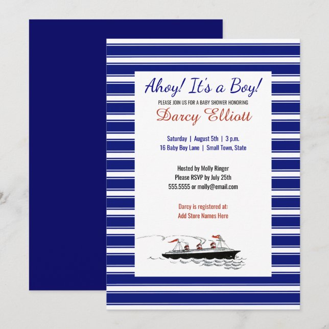 Nautical Navy Stripes Ahoy It's a Boy Baby Shower Invitation (Front/Back)