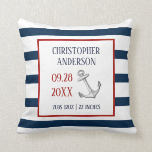 Nautical Navy Stripes Anchor Birth Announcement Throw Pillow