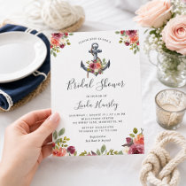 Nautical Navy Stripes Anchor Floral Bridal Shower Invitation