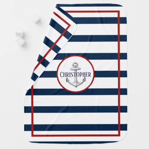 Nautical Navy Stripes and Anchor Custom Name Baby Blanket