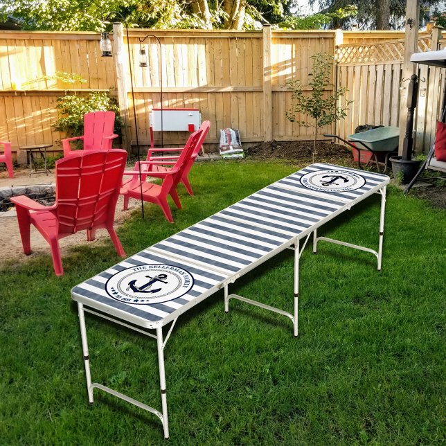 Nautical Navy Stripes and Anchor Family Name Beer Pong Table (Creator Uploaded)