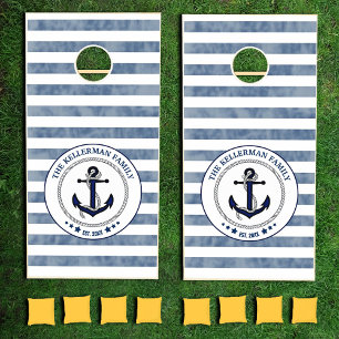 Nautical Navy Stripes and Anchor Family Name Cornhole Set