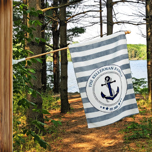 Nautical Navy Stripes and Anchor Family Name House Flag