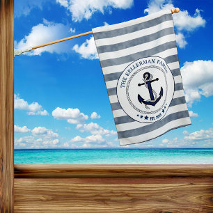 Nautical Navy Stripes and Anchor Family Name House Flag