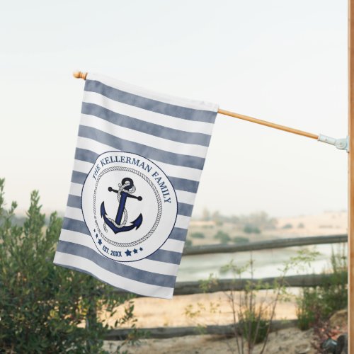 Nautical Navy Stripes and Anchor Family Name House Flag