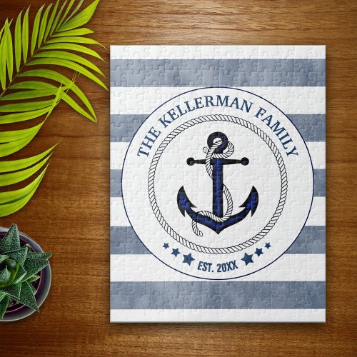 Nautical Navy Stripes and Anchor Family Name Jigsaw Puzzle