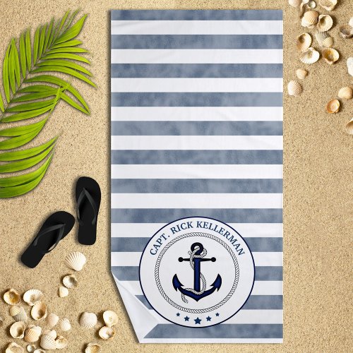 Nautical Navy Stripes and Anchor Personalized Beach Towel