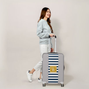 Nautical Navy Stripes and Custom Monogram Initial Luggage