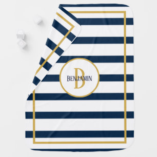 Nautical Navy Stripes Custom Monogram Name Baby Blanket