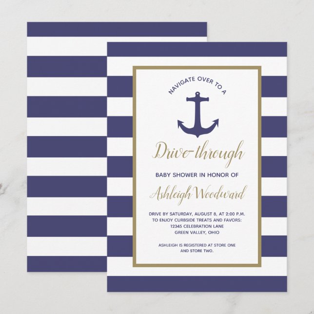 Nautical Navy Stripes Drive-Through Baby Shower Invitation (Front/Back)