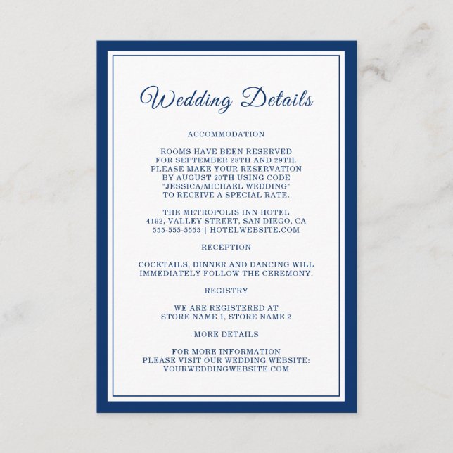Nautical Navy Stripes Elegant Wedding Details Enclosure Card (Front)