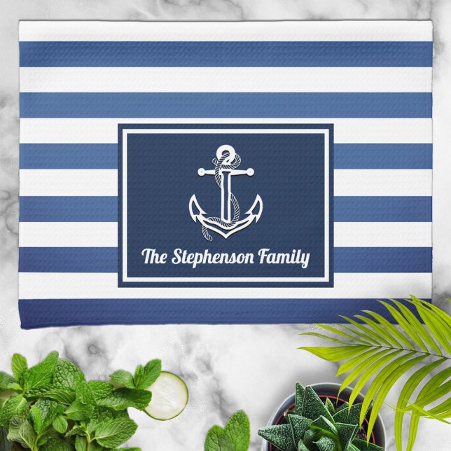Nautical Navy Stripes Family Name Personalized Kitchen Towel (Creator Uploaded)