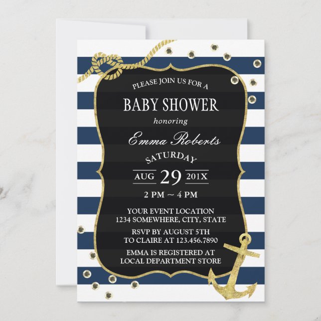 Nautical Navy Stripes Gold Anchor Baby Shower Invitation (Front)
