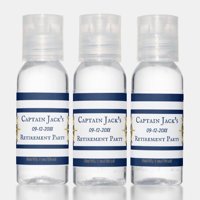 Nautical Navy Stripes Gold Ship's Wheel Retirement Hand Sanitizer (Set)
