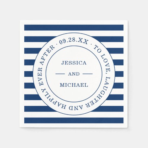 Nautical Navy Stripes Happily Ever After Wedding Napkins