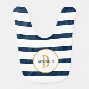 Nautical Navy Stripes Monogram Name Baby Bib